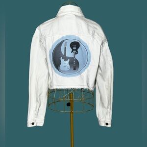 Old Navy Off-White Denim Cropped Jacket w/ Guitar Design, Pockets, & Fray Hem, M
